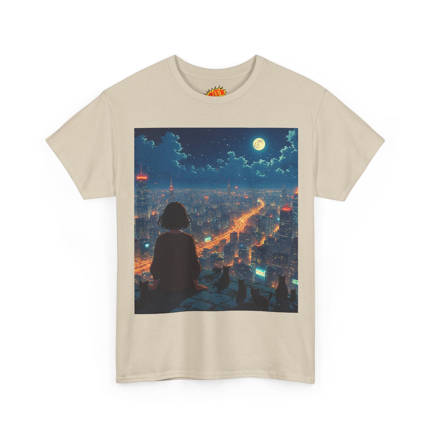 Neon City Anime Night Scene w/Girl & Cats T-Shirt *Multiple Colors*