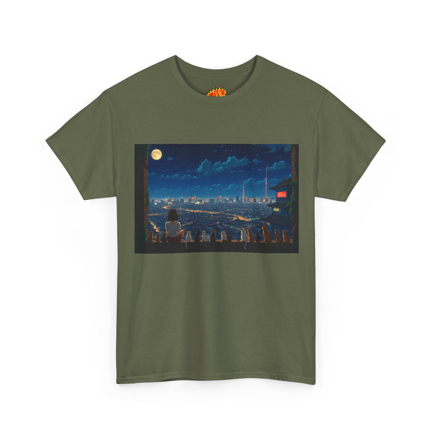 Anime City Night Sky Scene w/Girl & Cats T-Shirt *Multiple Colors*