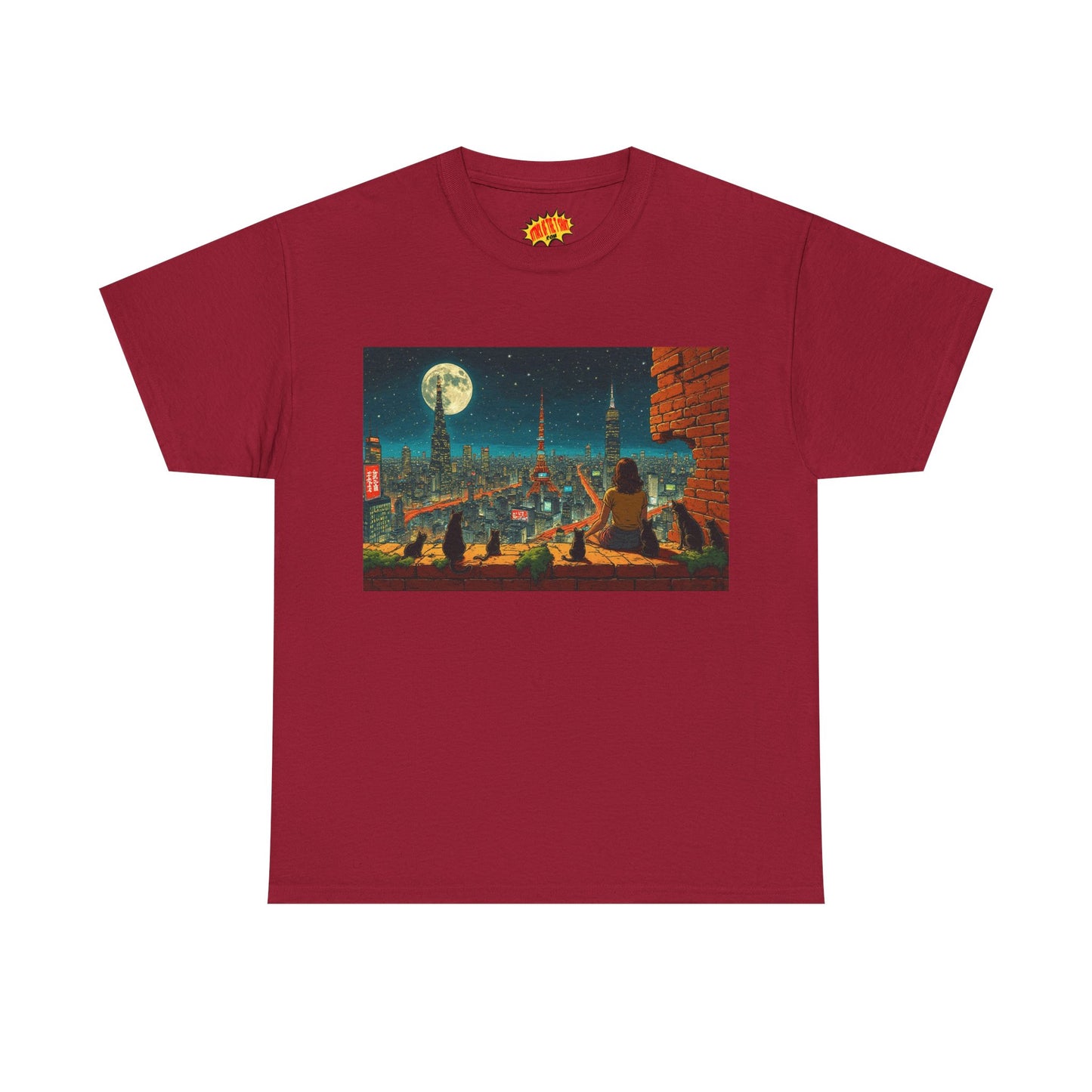 Anime Cityscape Full Moon Scene w/Girl & Cats T-Shirt *Multiple Colors*