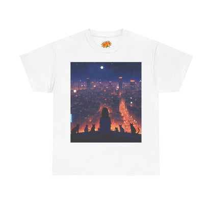 Neon City Anime Nighttime Scene w/Girl & Cats T-Shirt