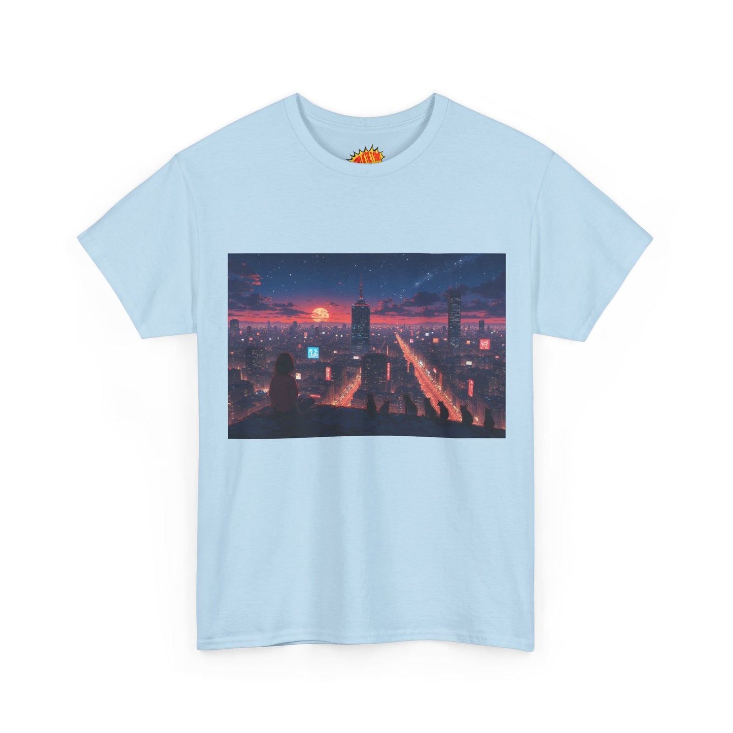 Anime Style City Sunset Scene w/Girl & Cats T-Shirt *Multiple Colors*
