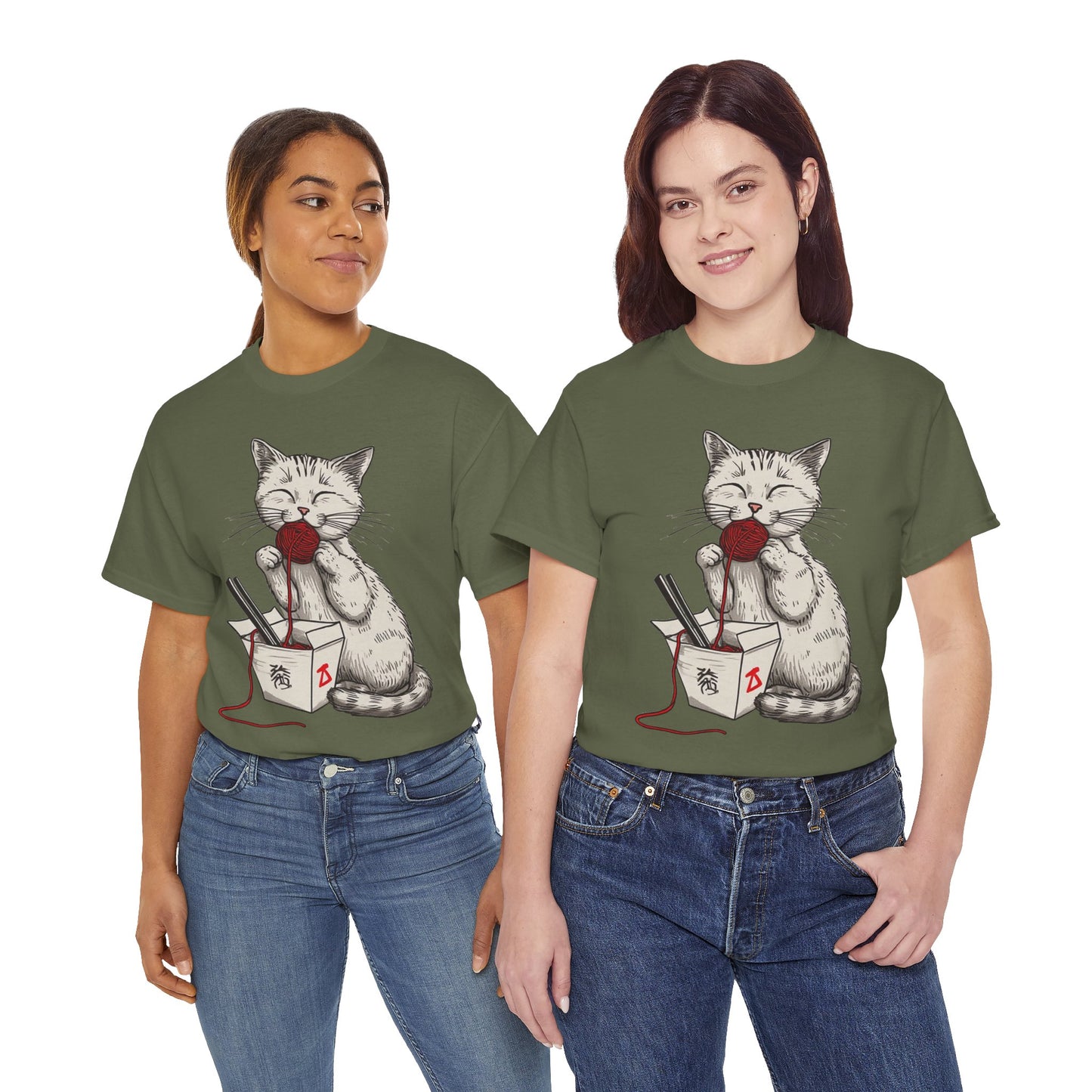 Cat w/Takeout Yarn Noodles Art Tee Shirt *Multiple Colors*