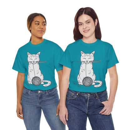 White Cat w/Yarn Ball Art Drawing Tee Shirt
