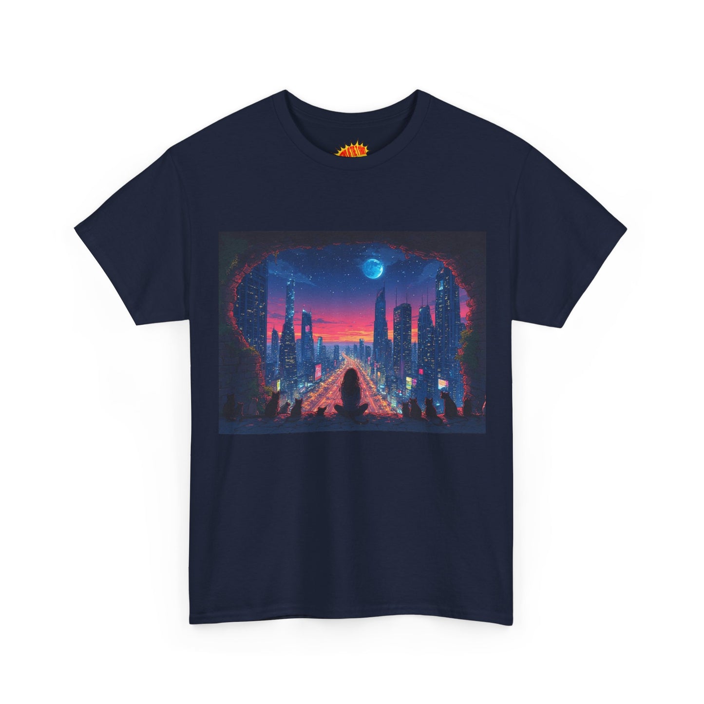 Anime Neon Cityscape Full Moon w/Girl & Cats T-Shirt *Multiple Colors*