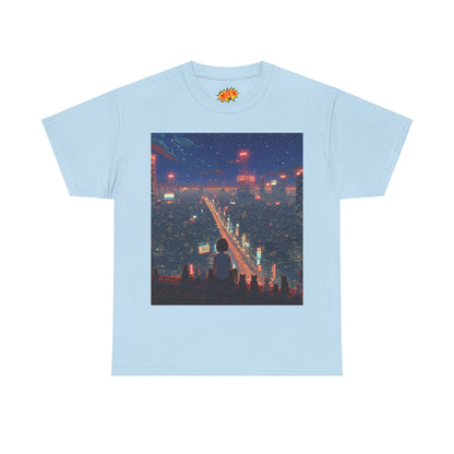 Nighttime Neon Anime City Scene w/Girl & Cats T-Shirt
