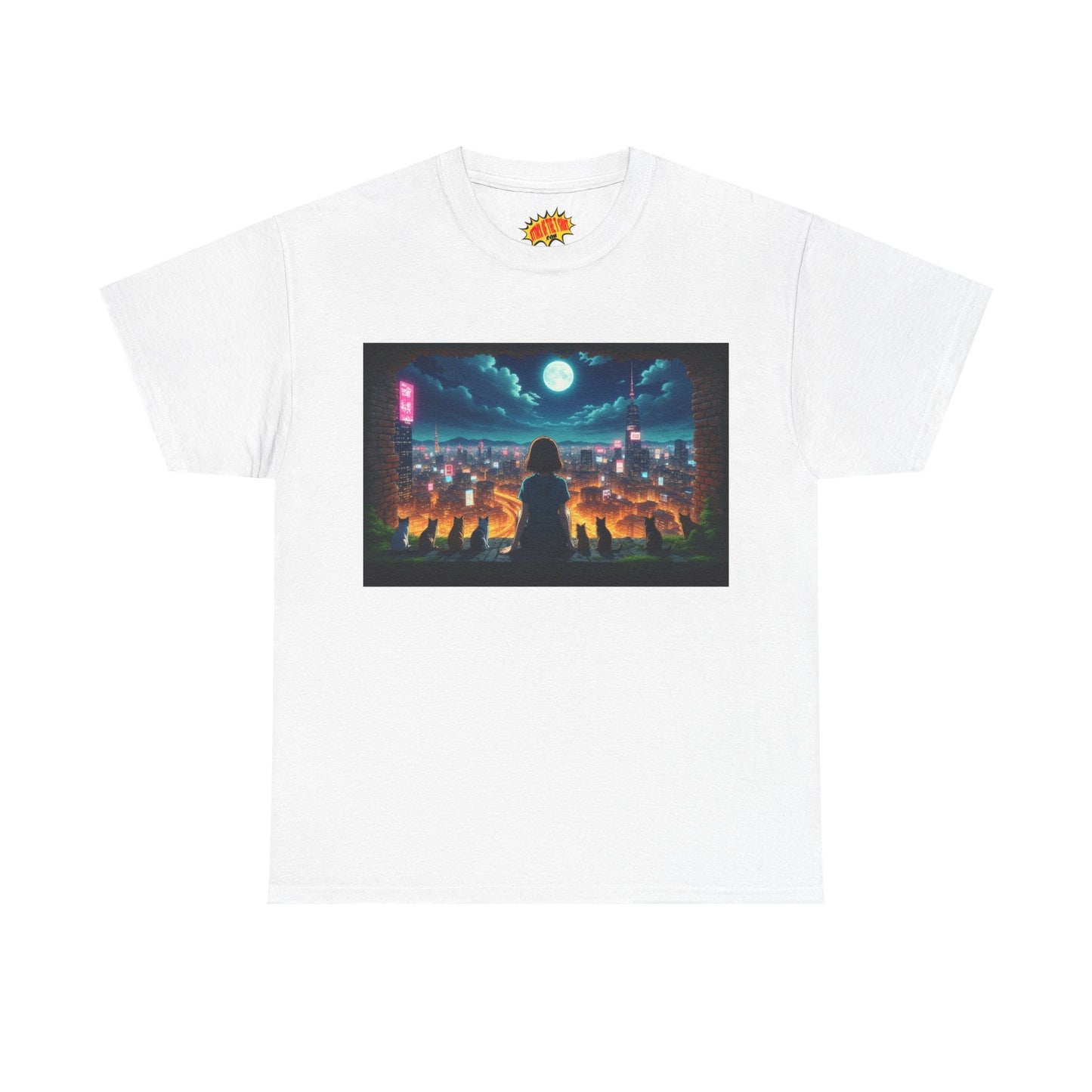 Anime Neon City Night Scene w/Girl & Cats T-Shirt *Multiple Colors*