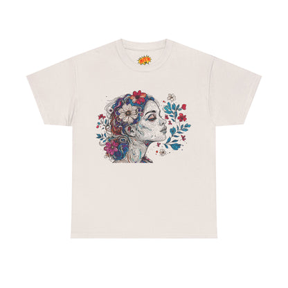 Multicolor Line Drawing Human Graphic Flower Art Tee Shirt