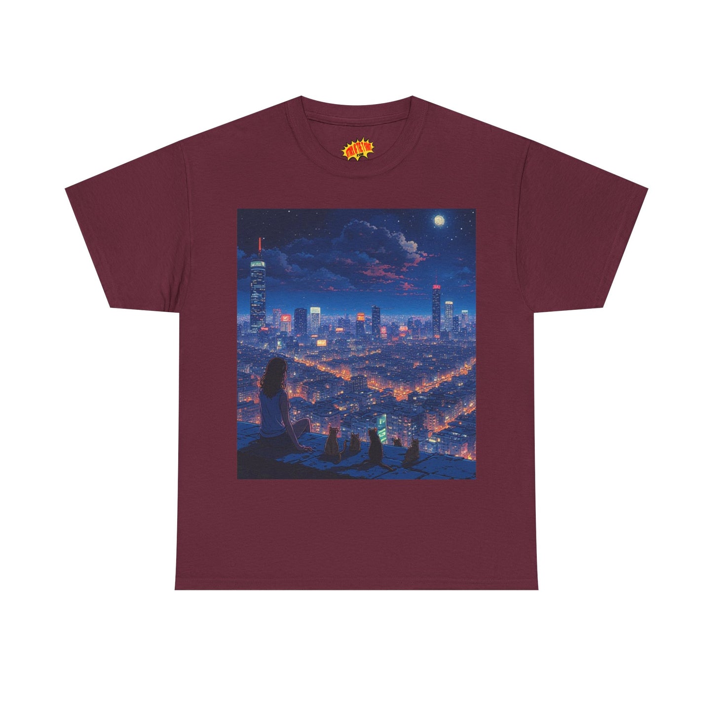 Neon Anime Cityscape Scene w/Girl & Cats T-Shirt *Multiple Colors*