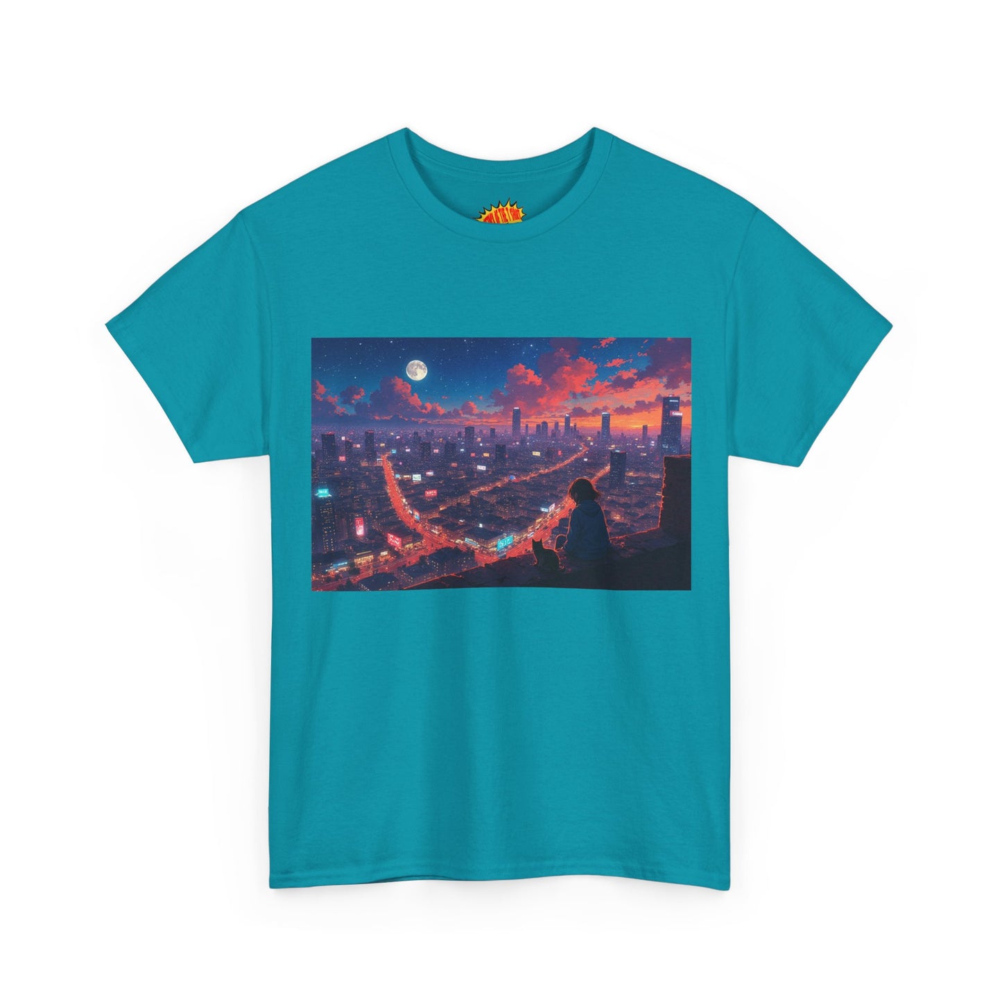 Anime City Neon Night Sky Scene w/Girl & Cats T-Shirt *Multiple Colors*