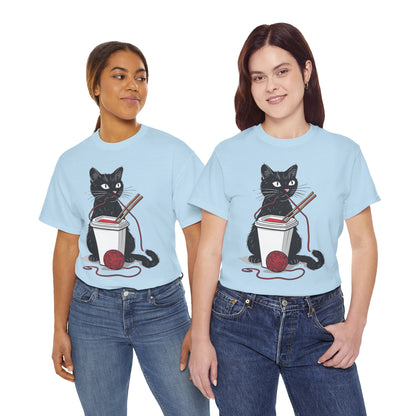 Black Cat w/Noodles + Yarn Ball Art Drawing Tee Shirt