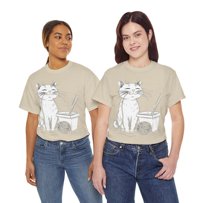 Happy Cat w/Noodles + Yarn Ball Art Drawing Tee Shirt