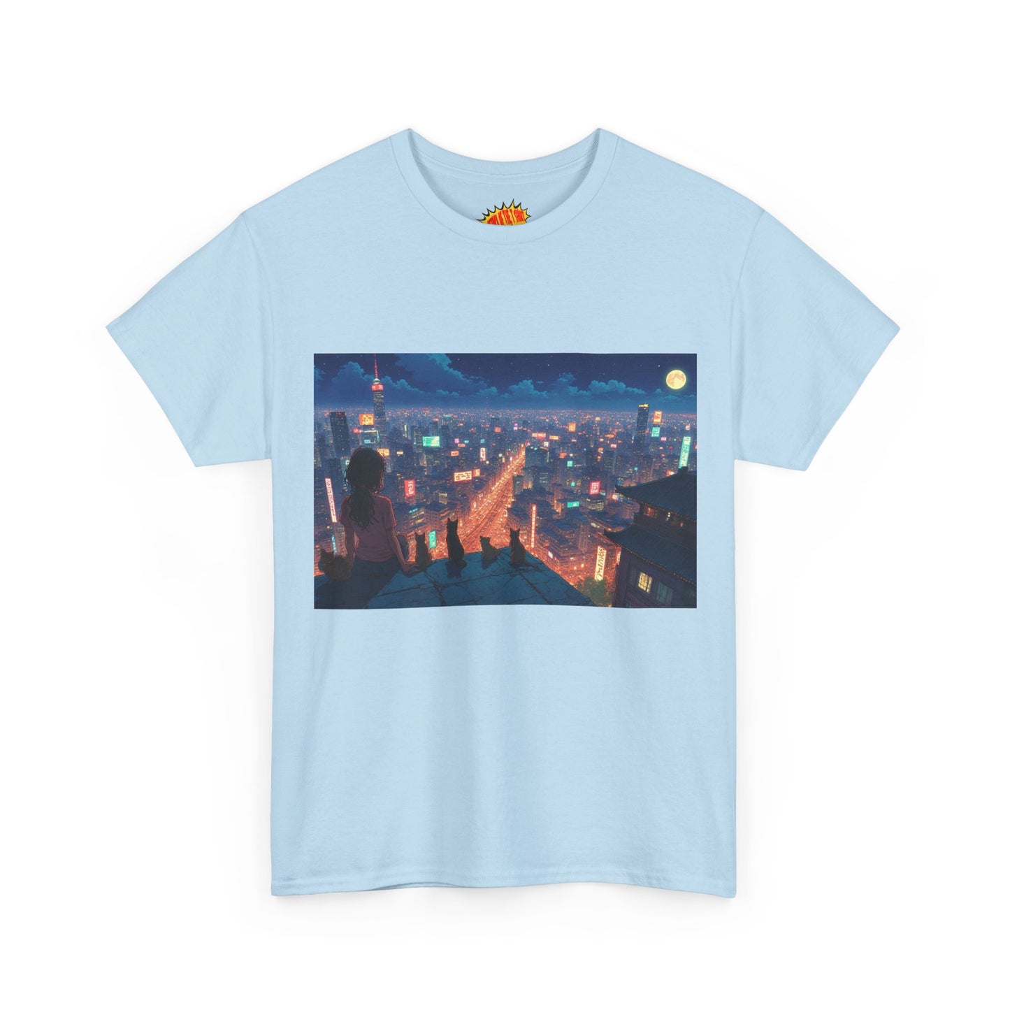 Anime Neon Cityscape Scene w/Girl & Cats T-Shirt *Multiple Colors*