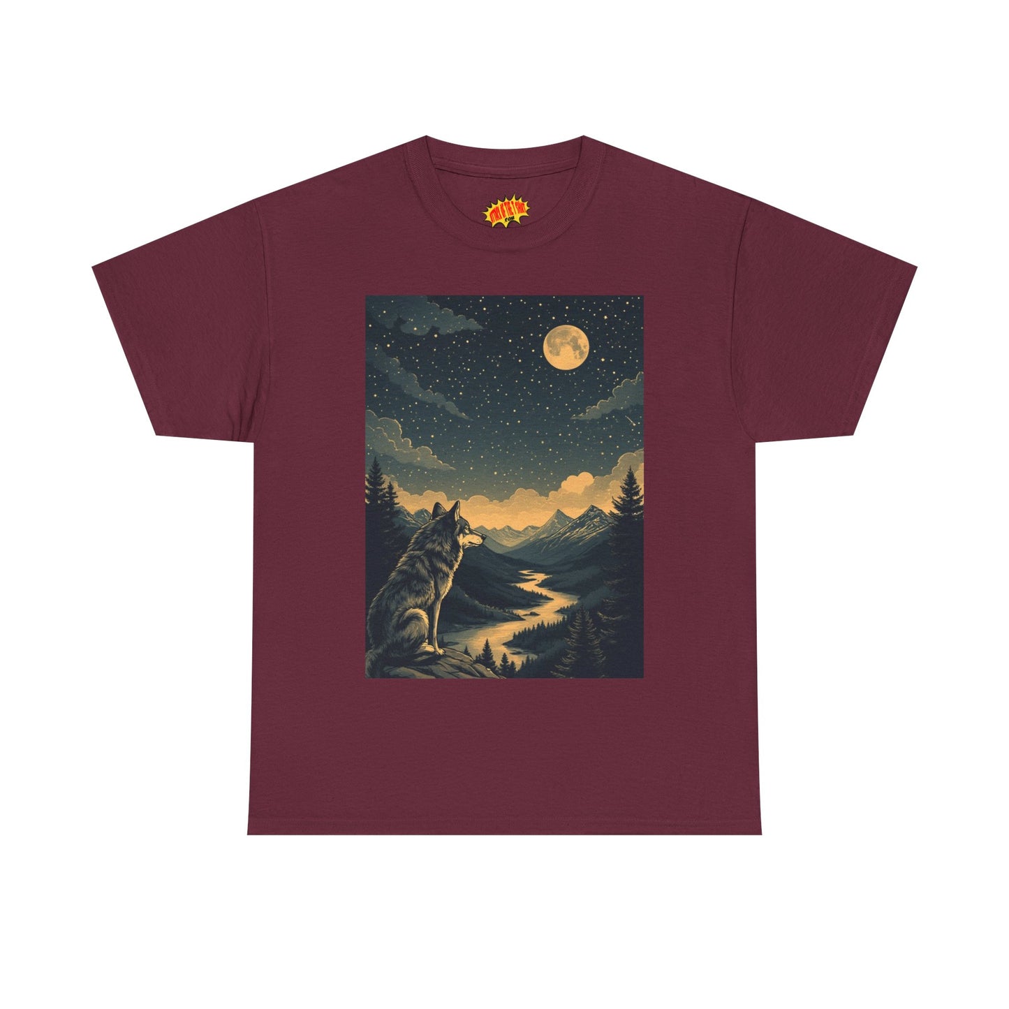 Mountain Wolf with River & Full Moon T-Shirt *Multiple Colors*