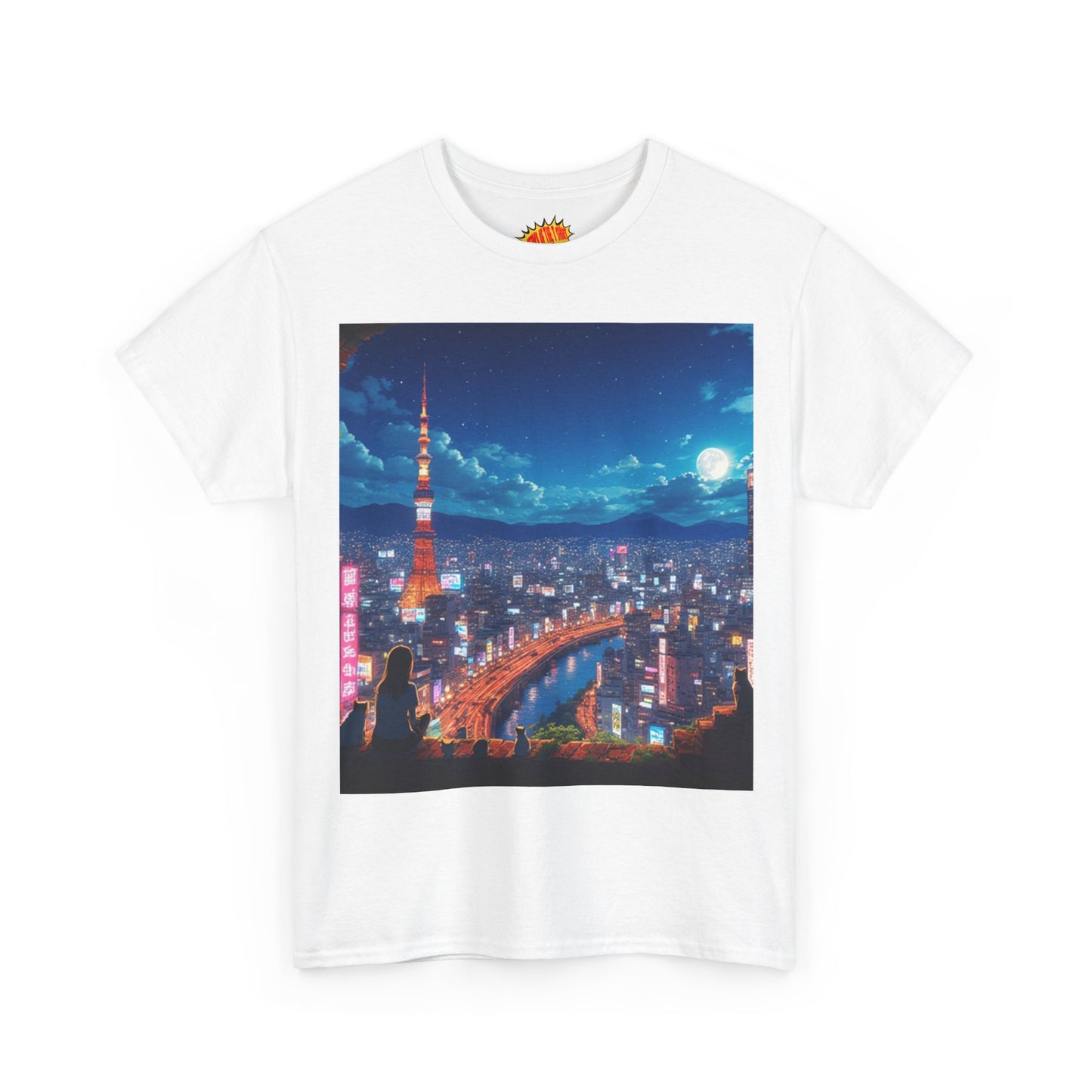 Neon Cityscape Nighttime Anime Scene w/Girl & Cats T-Shirt *Multiple Colors*
