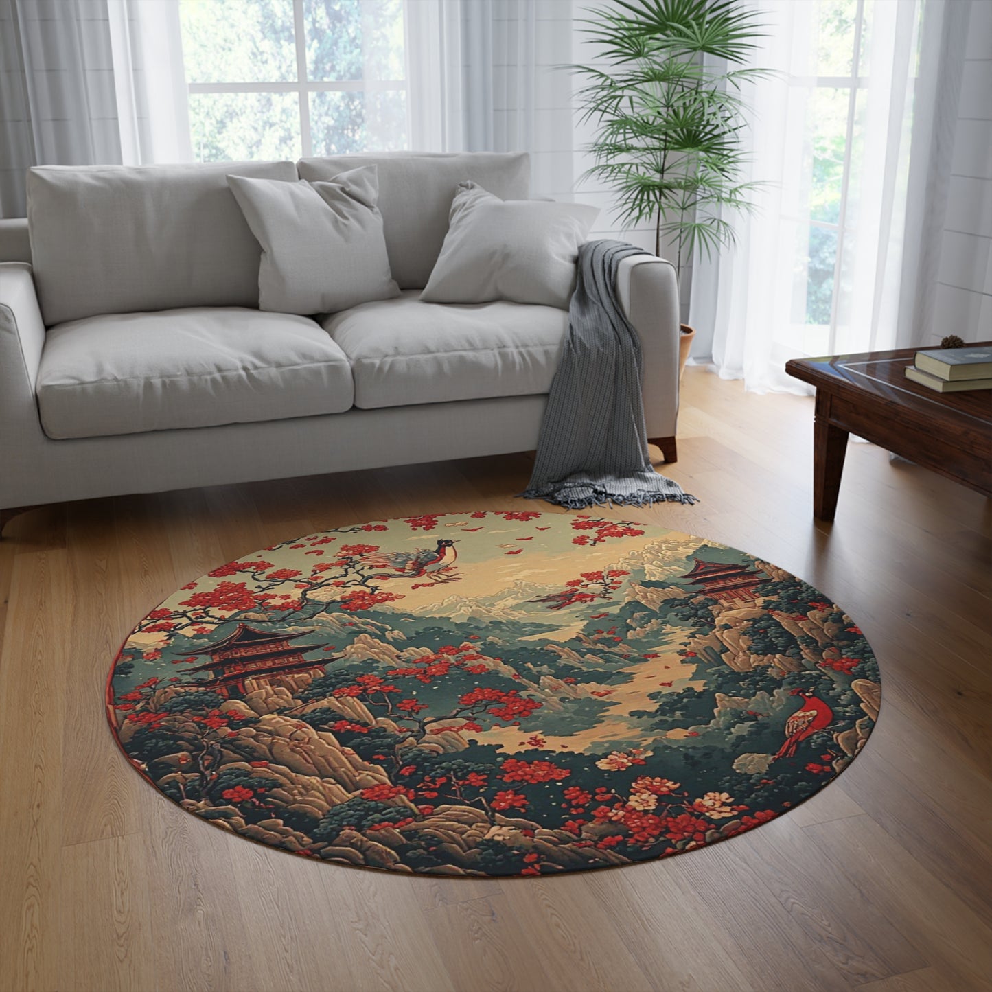 Oriental Style Rug w/Birds + Flowers - 60in Diameter Round Carpet 11