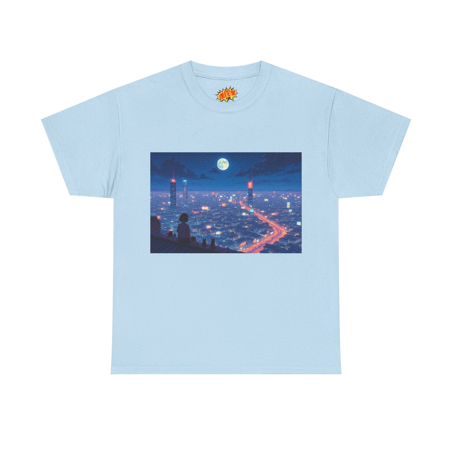 Anime Neon City Full Moon Scene w/Girl & Cats T-Shirt *Multiple Colors*