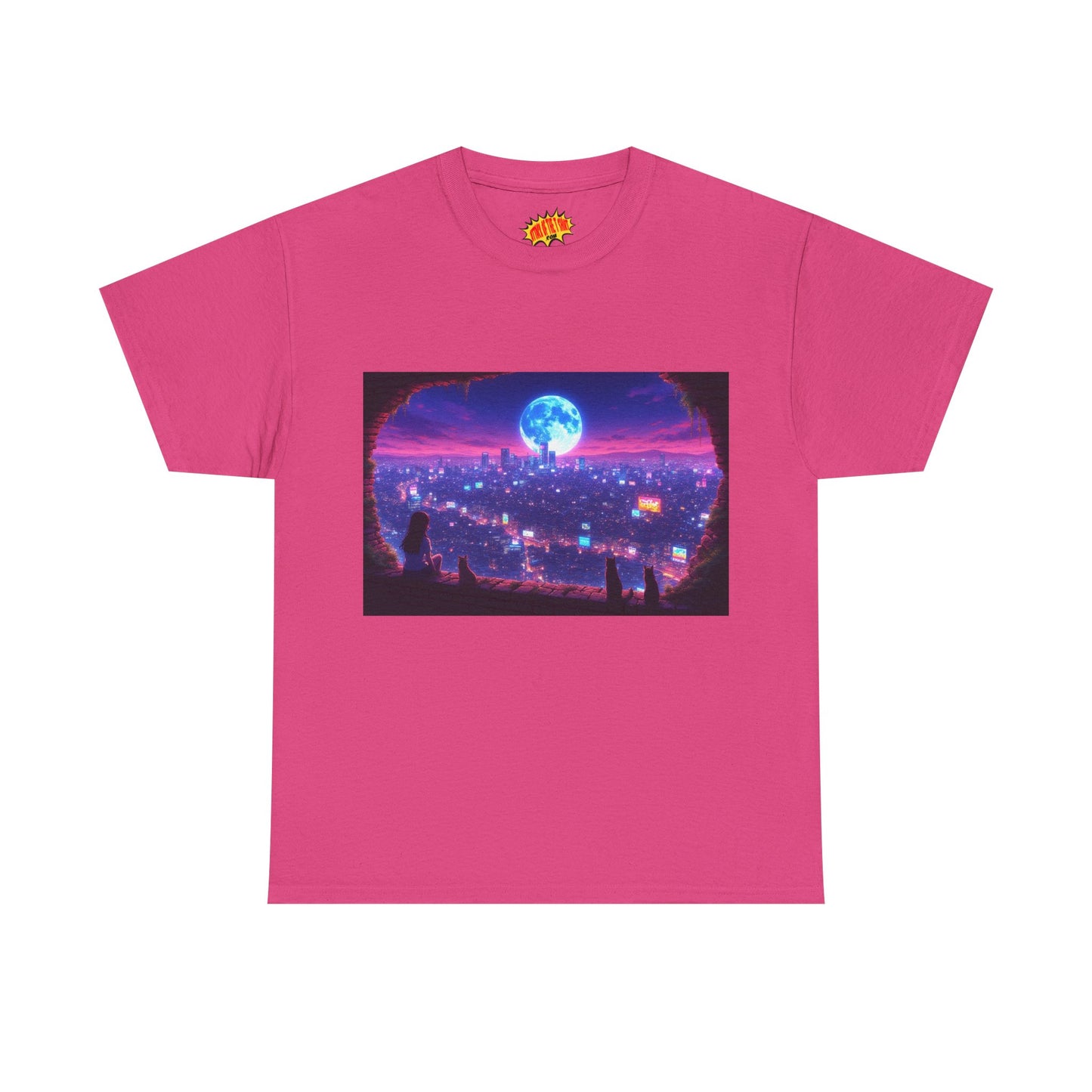 Neon Anime Cityscape Full Moon Scene w/Girl & Cats T-Shirt *Multiple Colors*
