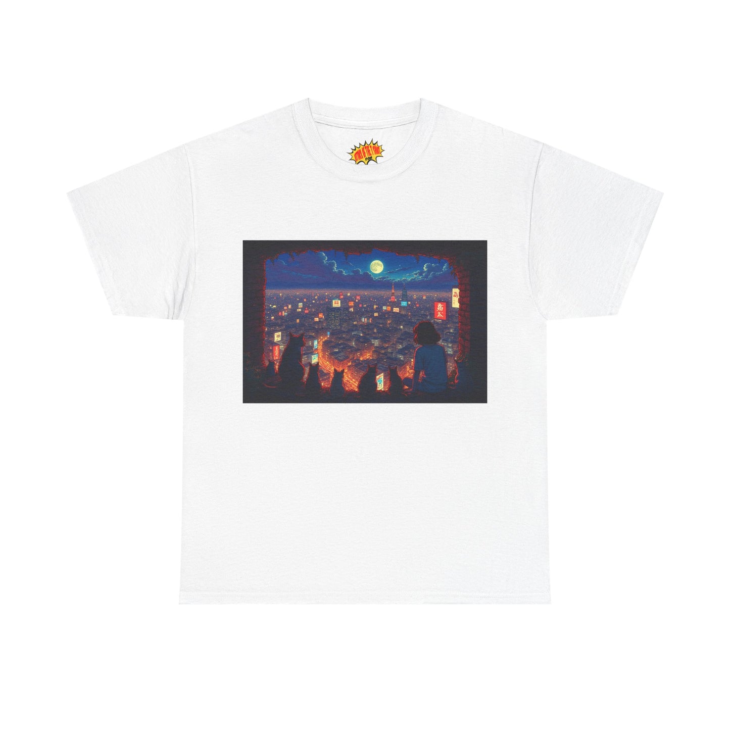 Cityscape Anime Nighttime Scene w/Girl & Cats T-Shirt *Multiple Colors*