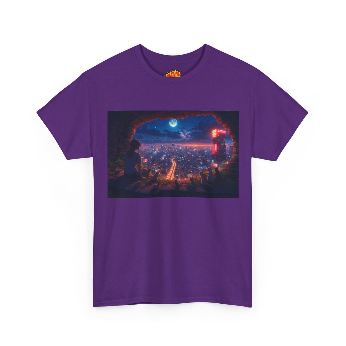 Anime Neon Cityscape Nighttime Scene w/Girl & Cats T-Shirt *Multiple Colors*