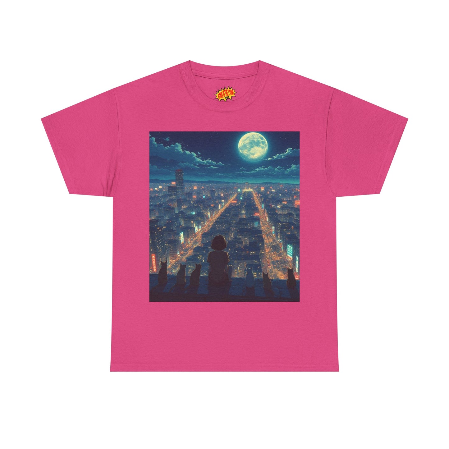 Anime City Full Moon Scene w/Girl & Cats T-Shirt *Multiple Colors*