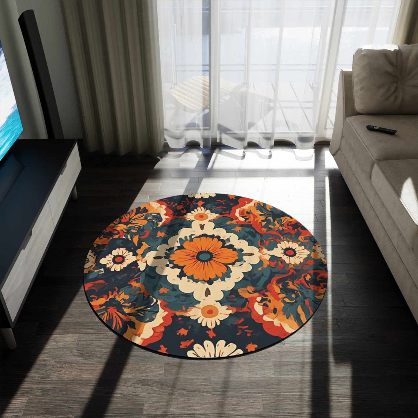 Retro Flower Pattern 60's/70's Style Area Rug - 60in Diameter Round Rug 2