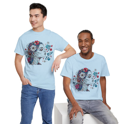 Multicolor Line Drawing Human Graphic Flower Art Tee Shirt