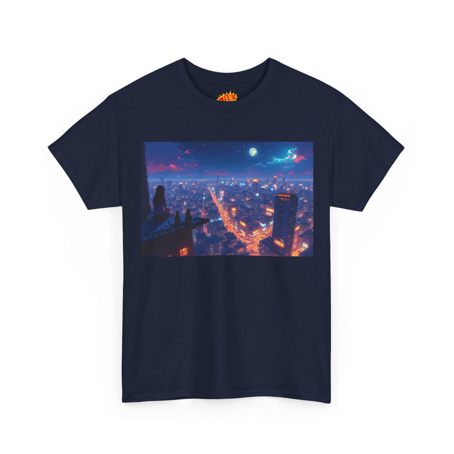 Nighttime Neon Anime Cityscape w/Cats T-Shirt *Multiple Colors*