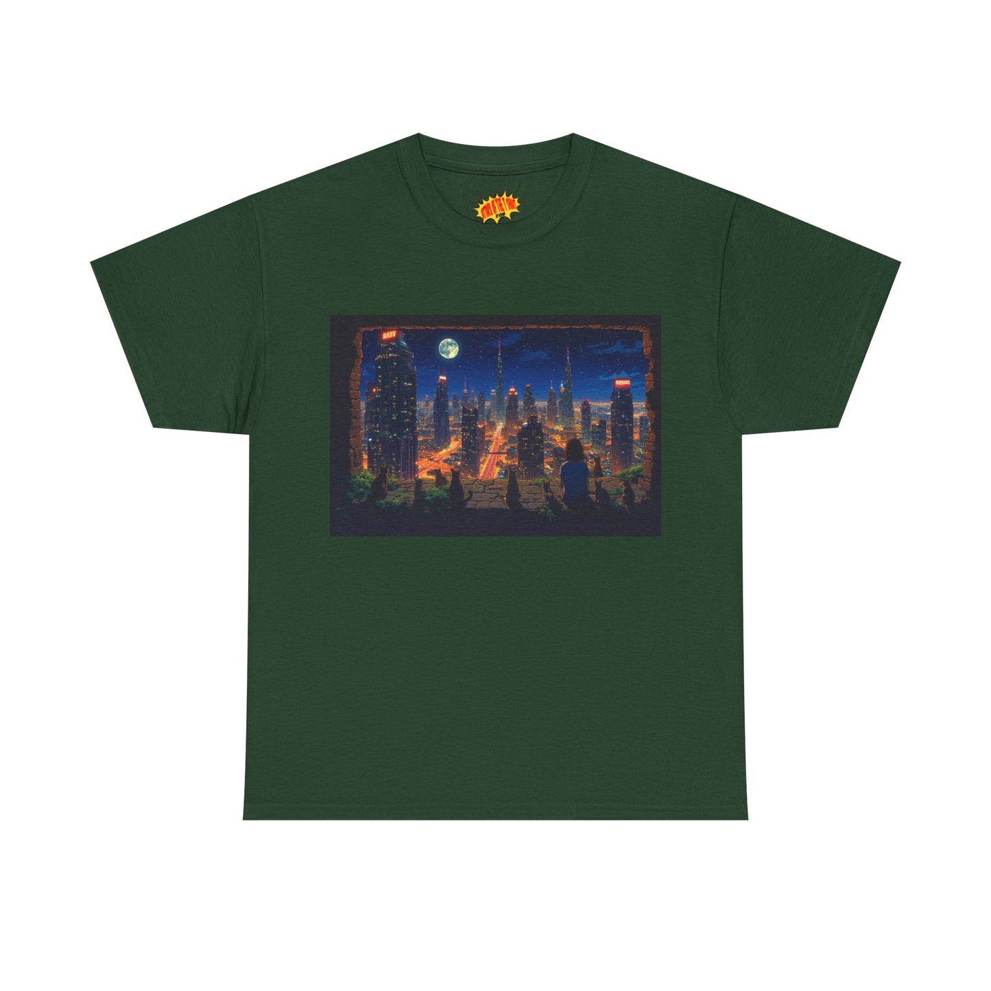 Neon Anime Cityscape Full Moon w/Girl & Cats T-Shirt *Multiple Colors*