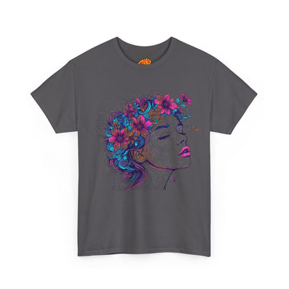 Multicolor Line Drawing Human Flower Graphic Art Tee Shirt