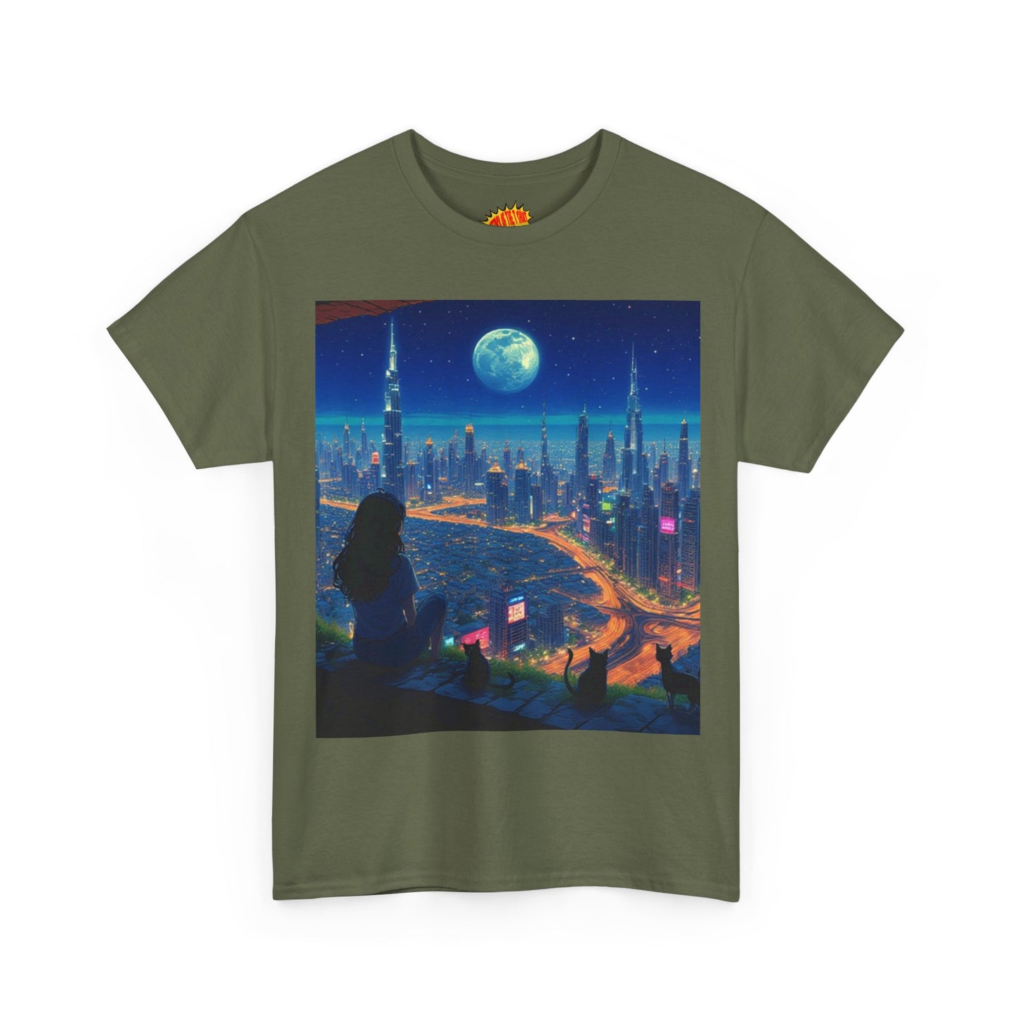 Anime City Full Moon Scene w/Girl & Cats T-Shirt *Multiple Colors*