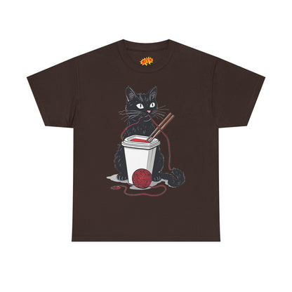 Black Cat w/Noodles + Yarn Ball Art Drawing Tee Shirt