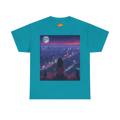 Anime City Neon Night Scene w/Girl & Cats T-Shirt