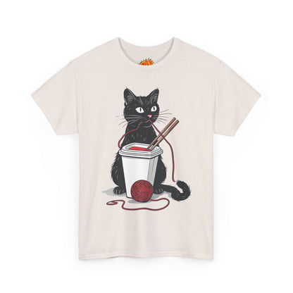 Black Cat w/Noodles + Yarn Ball Art Drawing Tee Shirt