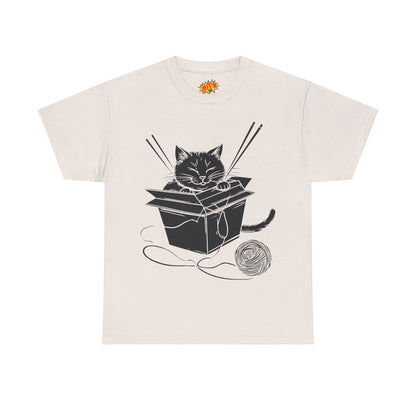 Black Cat w/Box + Yarn Ball Art Drawing Tee Shirt