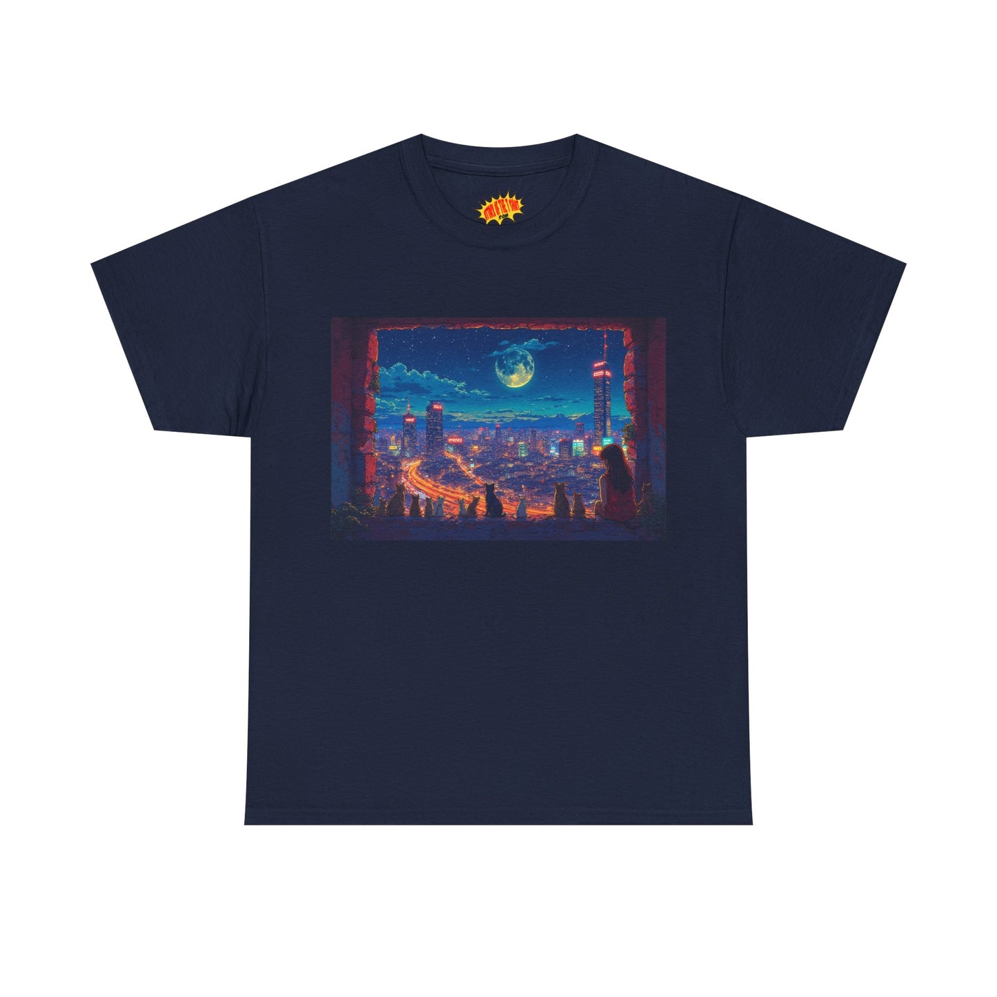 Anime Cityscape Night Scene w/Girl & Cats T-Shirt *Multiple Colors*