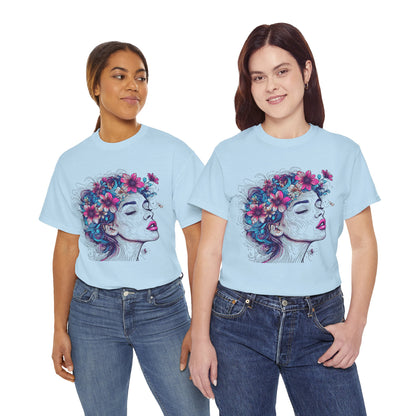 Multicolor Line Drawing Human Flower Graphic Art Tee Shirt