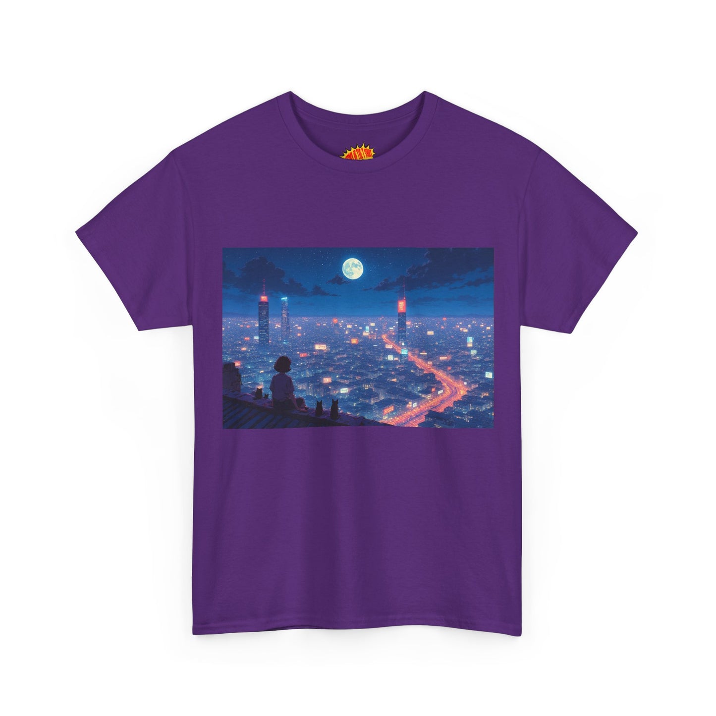 Anime Neon City Full Moon Scene w/Girl & Cats T-Shirt *Multiple Colors*