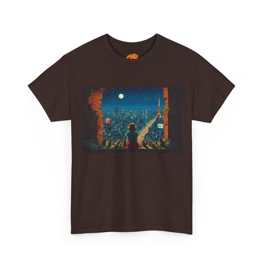 Vintage Anime Style Brick City Night View w/Girl & Cats T-Shirt *Multiple Colors*