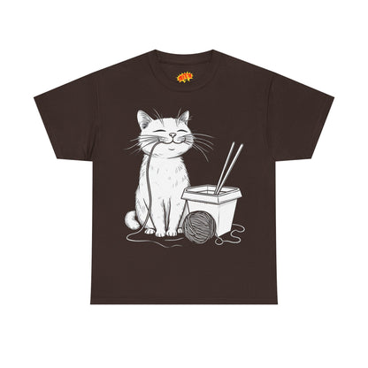 Happy Cat w/Noodles + Yarn Ball Art Drawing Tee Shirt