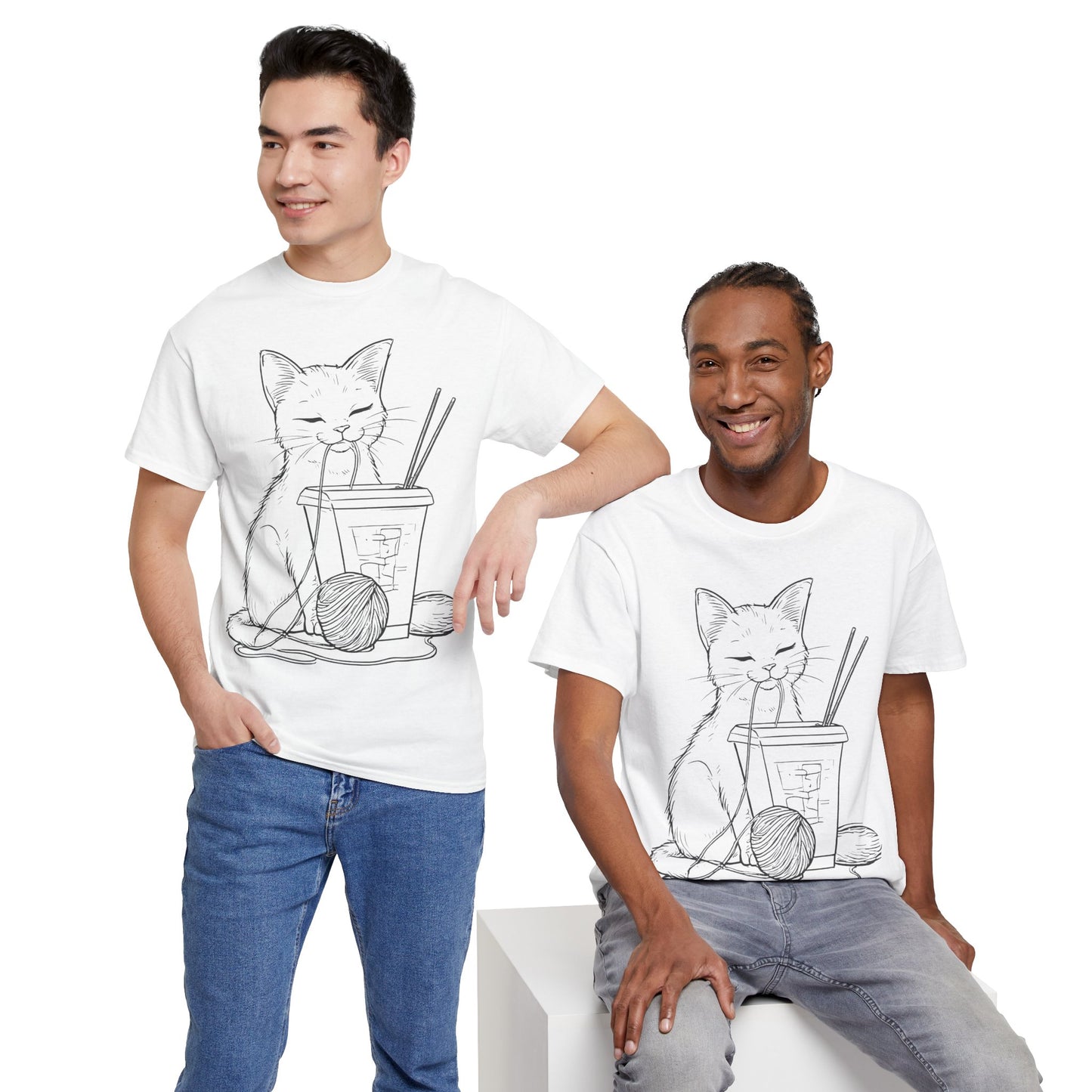 Cat w/Takeout + Yarn Ball Line Drawing Tee Shirt *Multiple Colors*