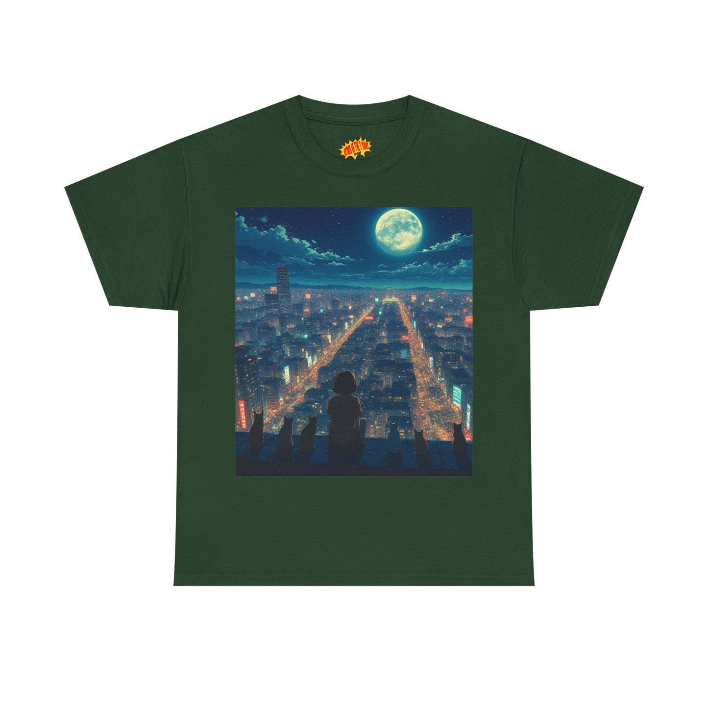 Anime City Full Moon Scene w/Girl & Cats T-Shirt *Multiple Colors*