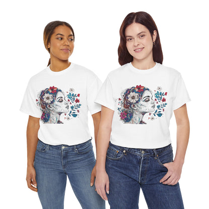 Multicolor Line Drawing Human Graphic Flower Art Tee Shirt