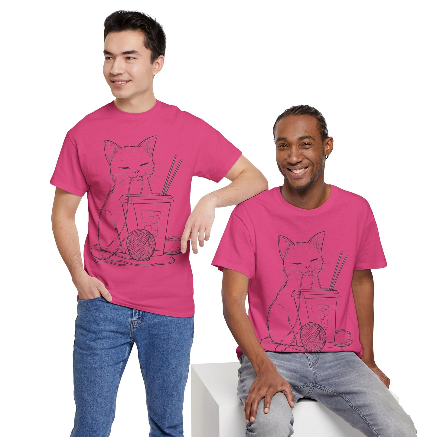 Cat w/Takeout + Yarn Ball Line Drawing Tee Shirt *Multiple Colors*