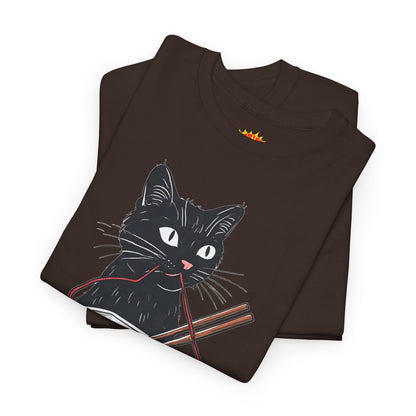 Black Cat w/Noodles + Yarn Ball Art Drawing Tee Shirt
