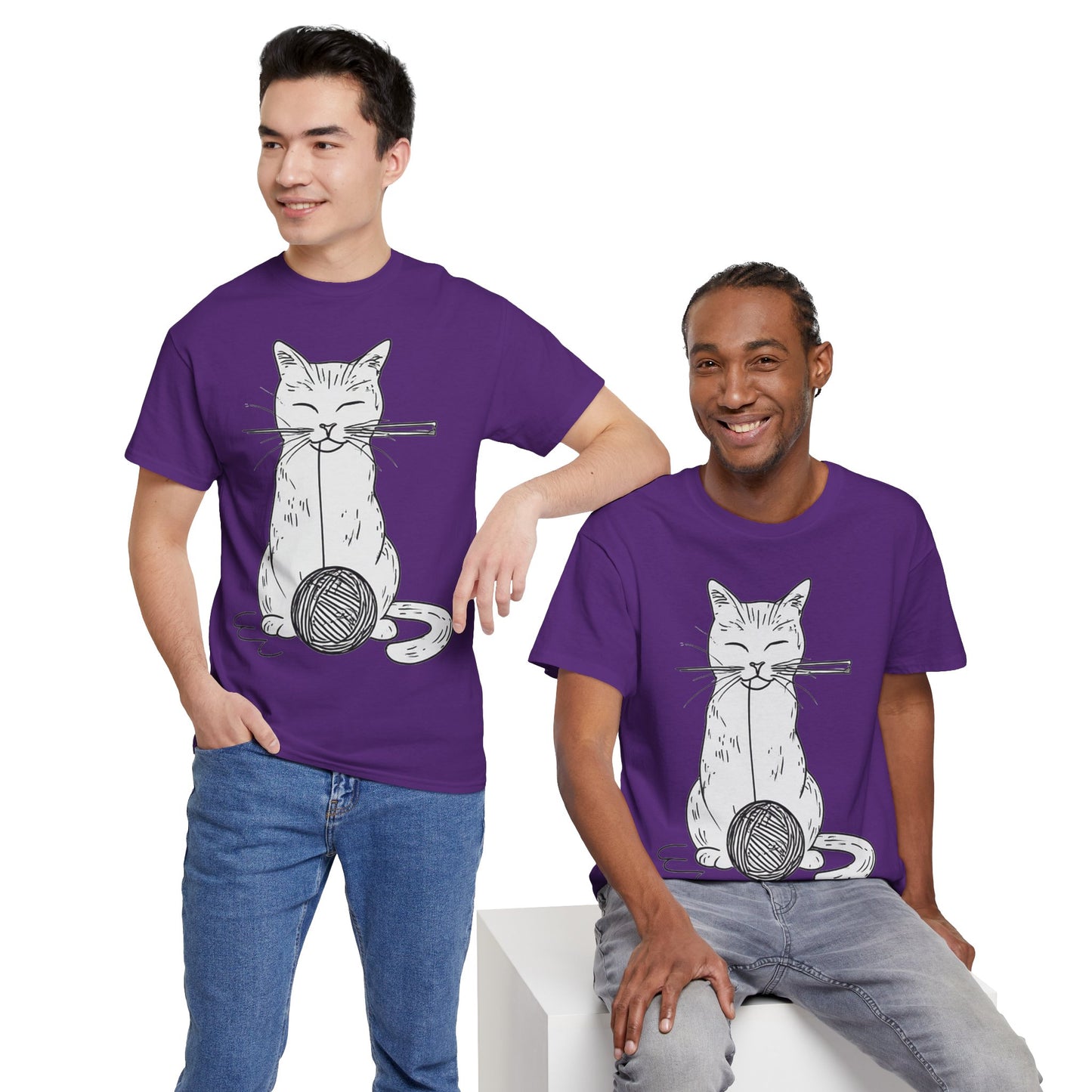 White Cat w/Yarn Ball Art Drawing Tee Shirt *Multiple Colors*