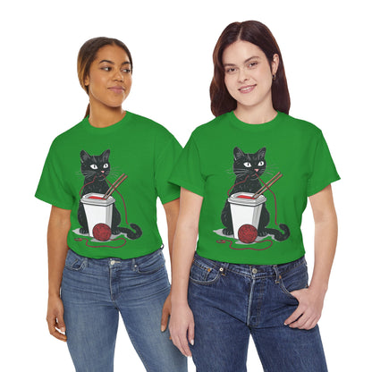 Black Cat w/Noodles + Yarn Ball Art Drawing Tee Shirt