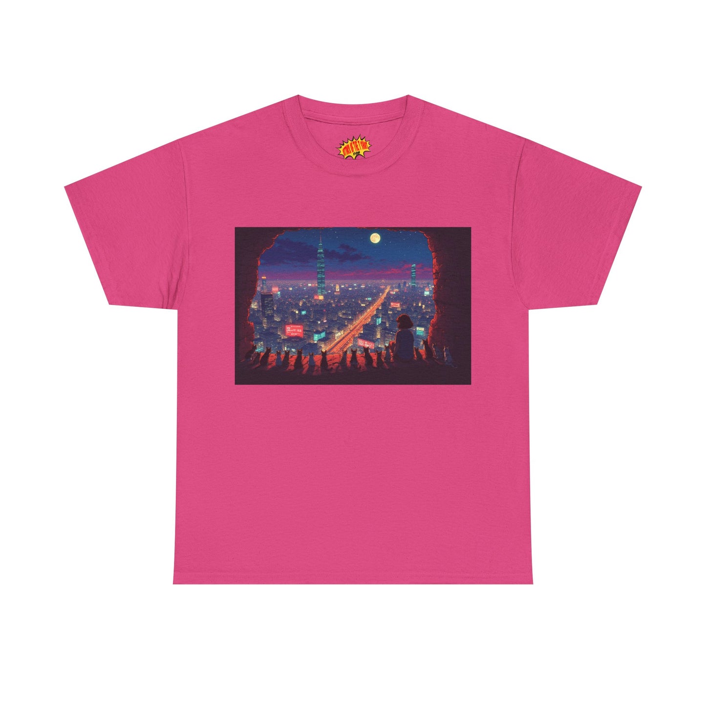 Anime Neon Cityscape Scene w/Cats T-Shirt *Multiple Colors*
