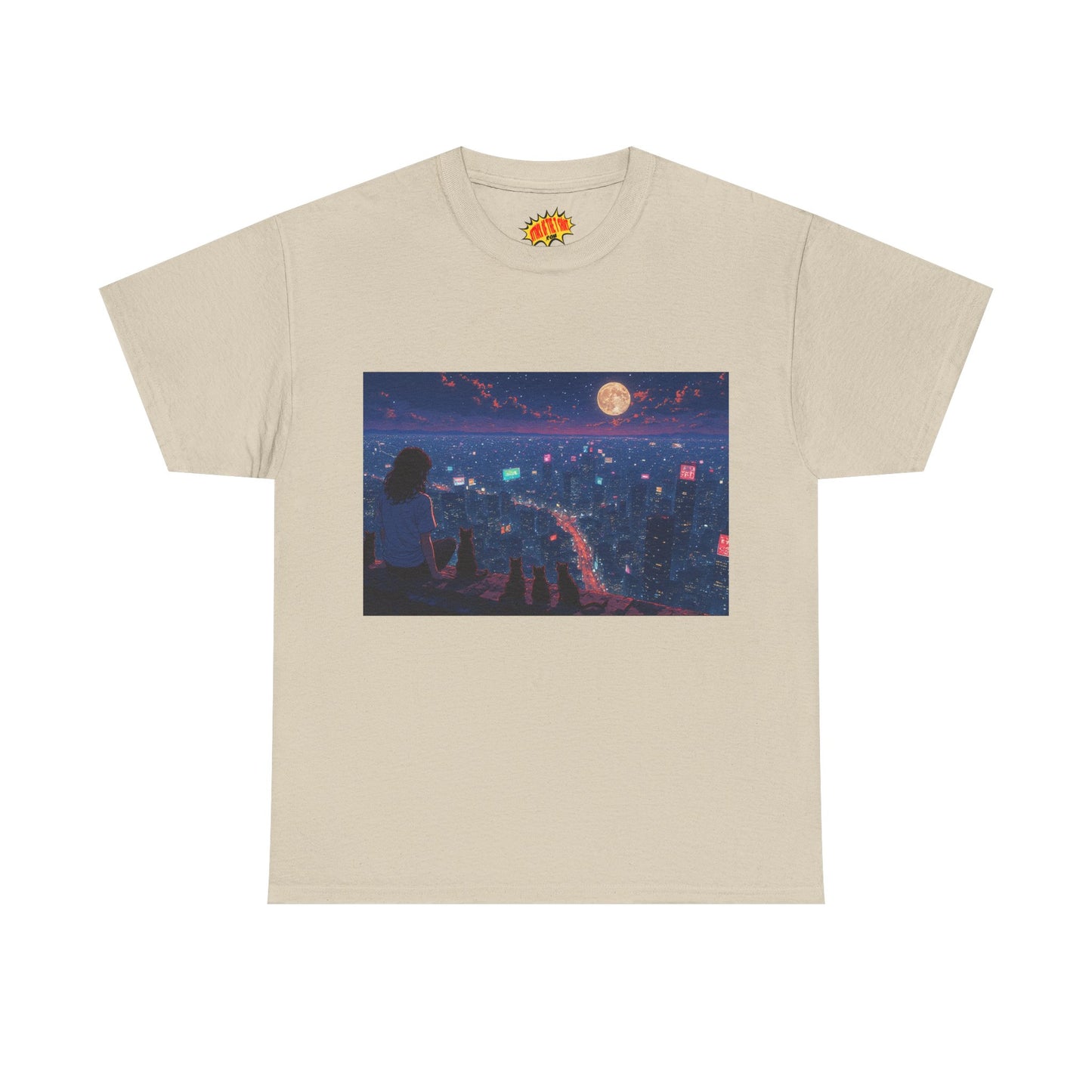 Anime Nighttime Cityscape w/Girl & Cats T-Shirt *Multiple Colors*