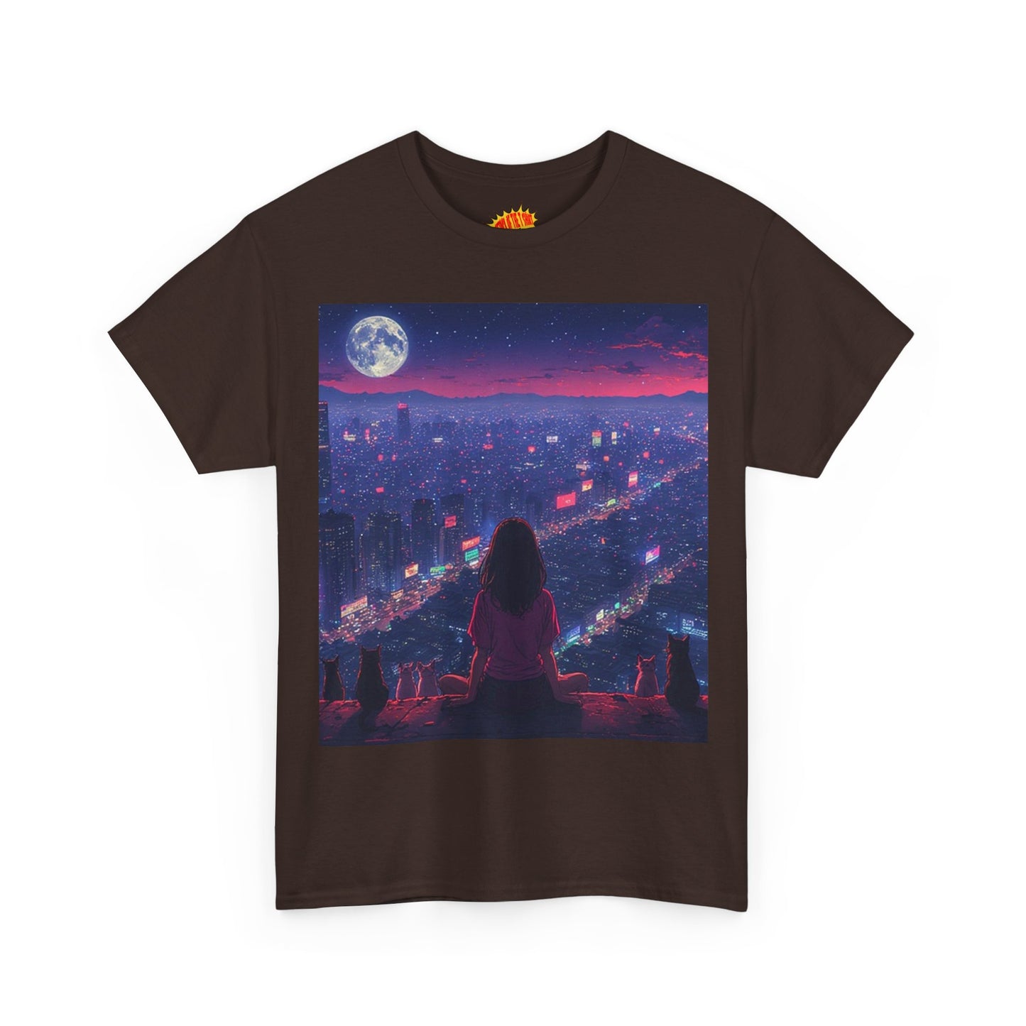 Anime City Neon Night Scene w/Girl & Cats T-Shirt *Multiple Colors*