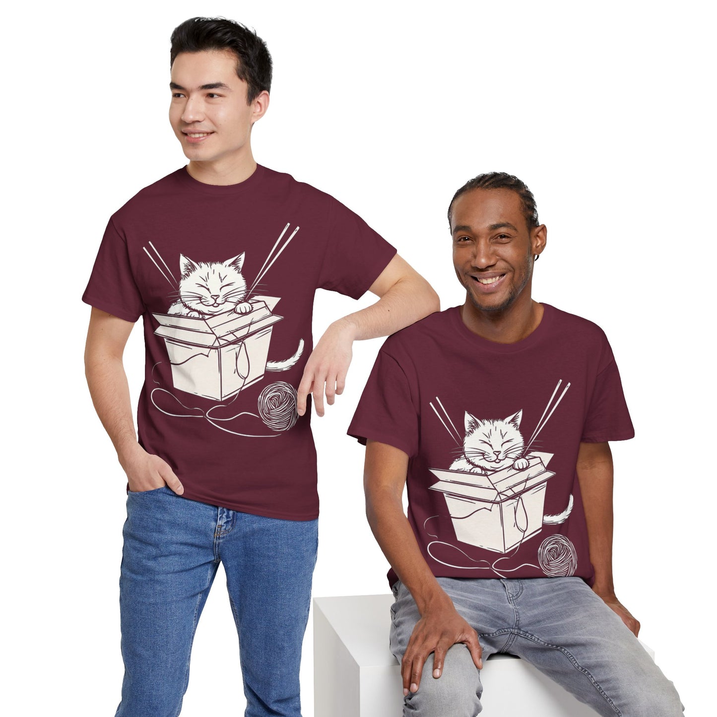 Cat w/Box + Yarn Ball Art Drawing Tee Shirt *Multiple Colors*